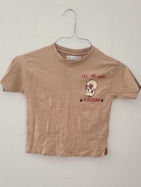 Zara Kids Tan Graphic Skull Tee with Pink Accents